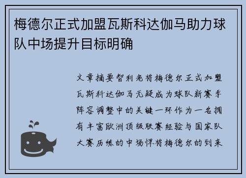 梅德尔正式加盟瓦斯科达伽马助力球队中场提升目标明确 梅德尔正式加盟瓦斯科达伽马助力球队中场提升目标明确